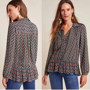Anthropologie MAEVE Janie Peasant Top Flounce Button Front Blue Red Boho VNeck
